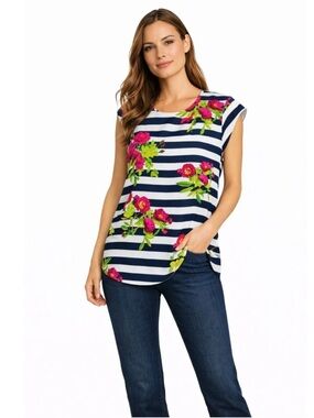 Navy & White Striped Floral Cap-Sleeve Top by charming Charlie